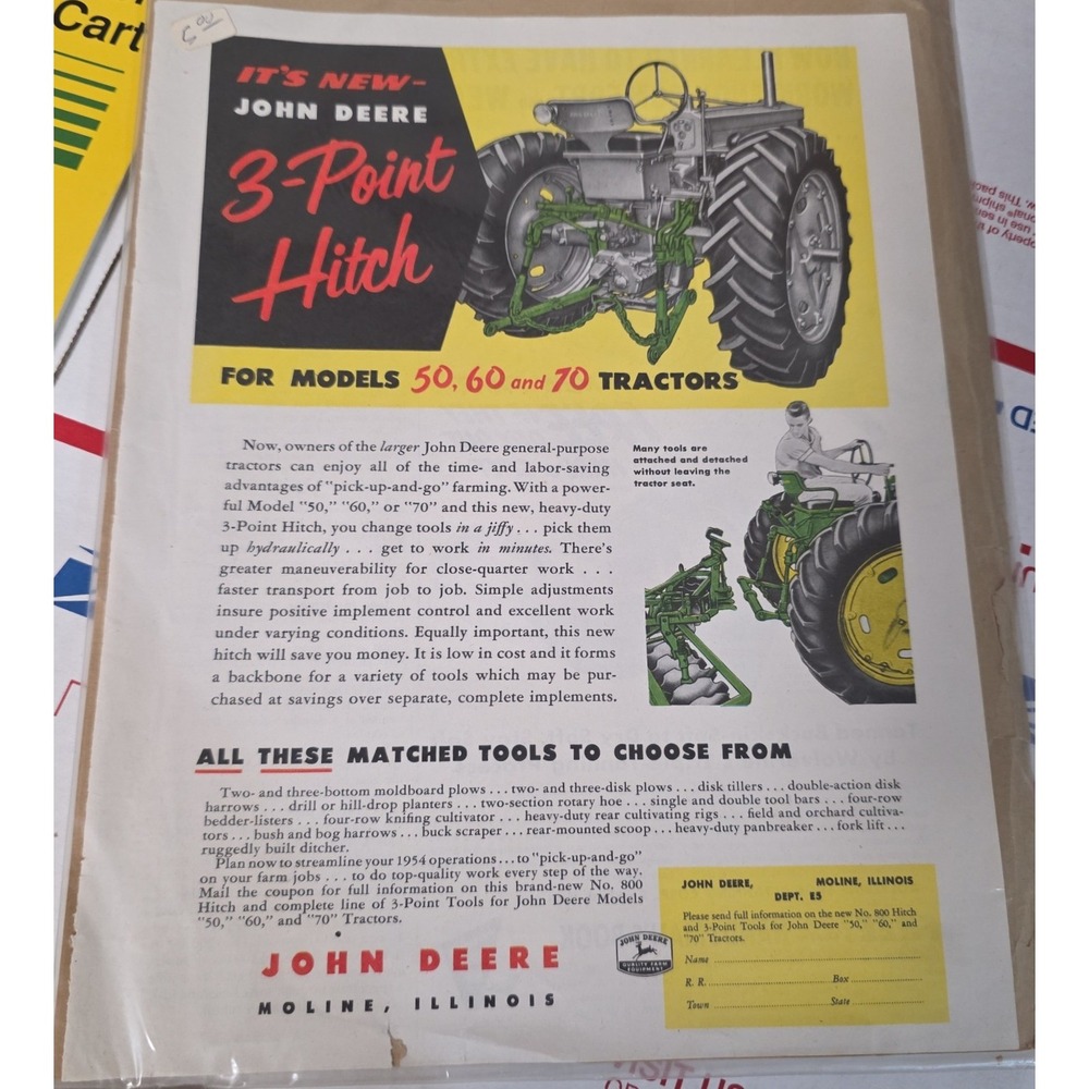 Vintage 1954 John Deere 3-Point Hitch Print Ad Tractor Models 50 60 70 Moline IL